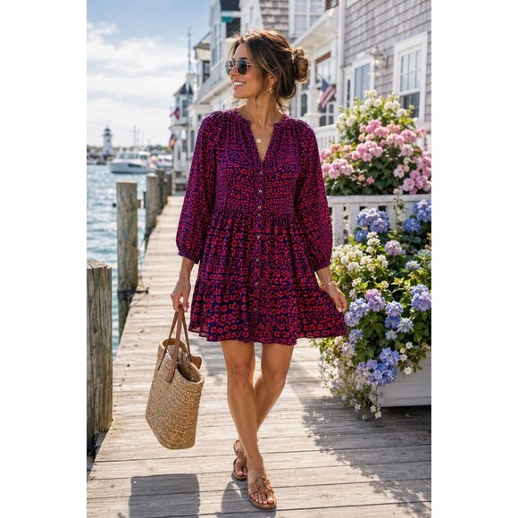 Vineyard Vines Dresses & Skirts - NWT Vineyard Vines Leopard Tiered Dress Small Deep Bay Red Blue Lined Viscose